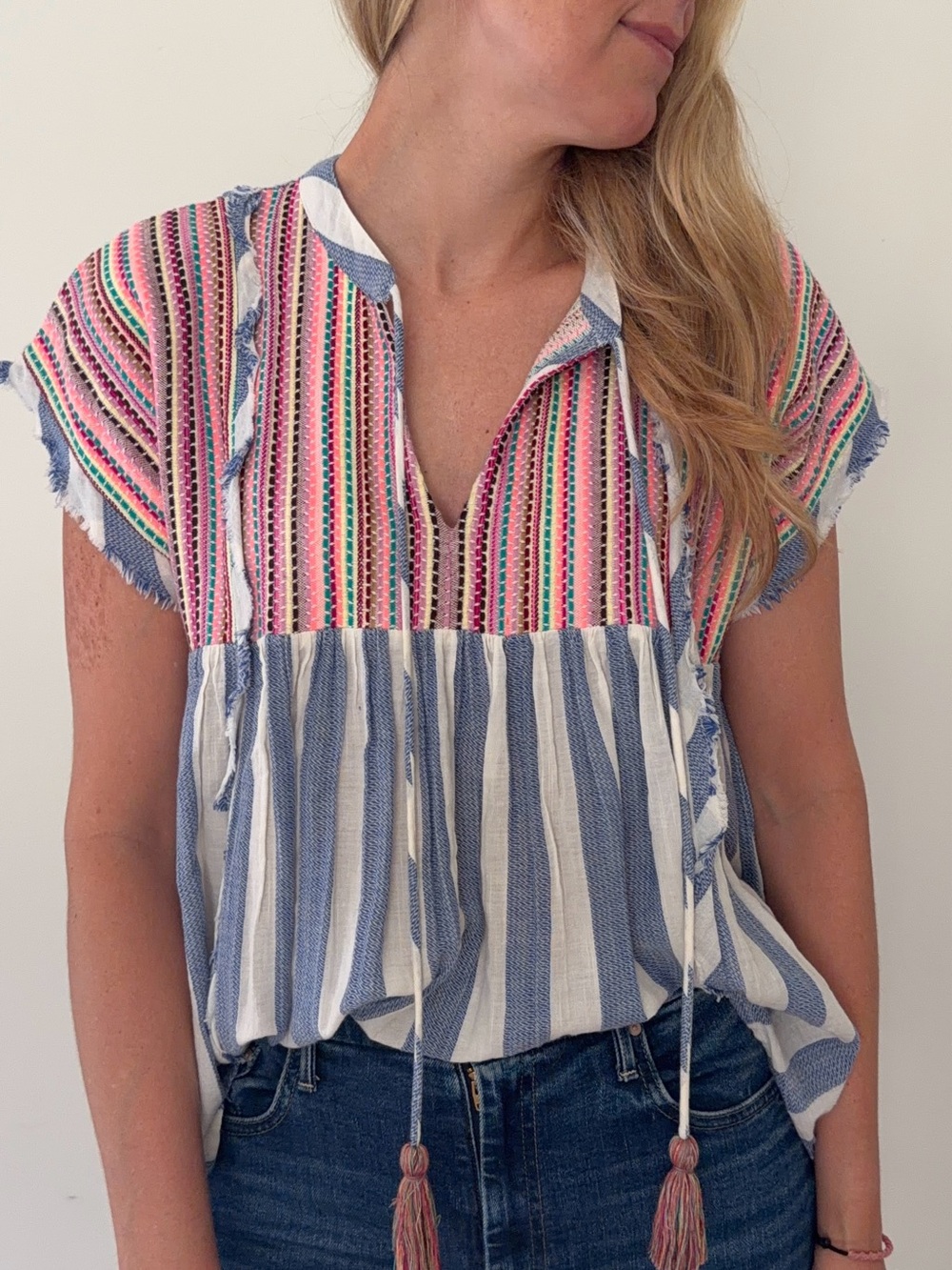 Altar'd State Multicolor Embroidered Yoke & Blue Stripe Peasant Top